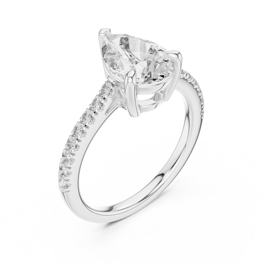 White gold lab grown diamond pear cut solitaire engagement ring, angled view