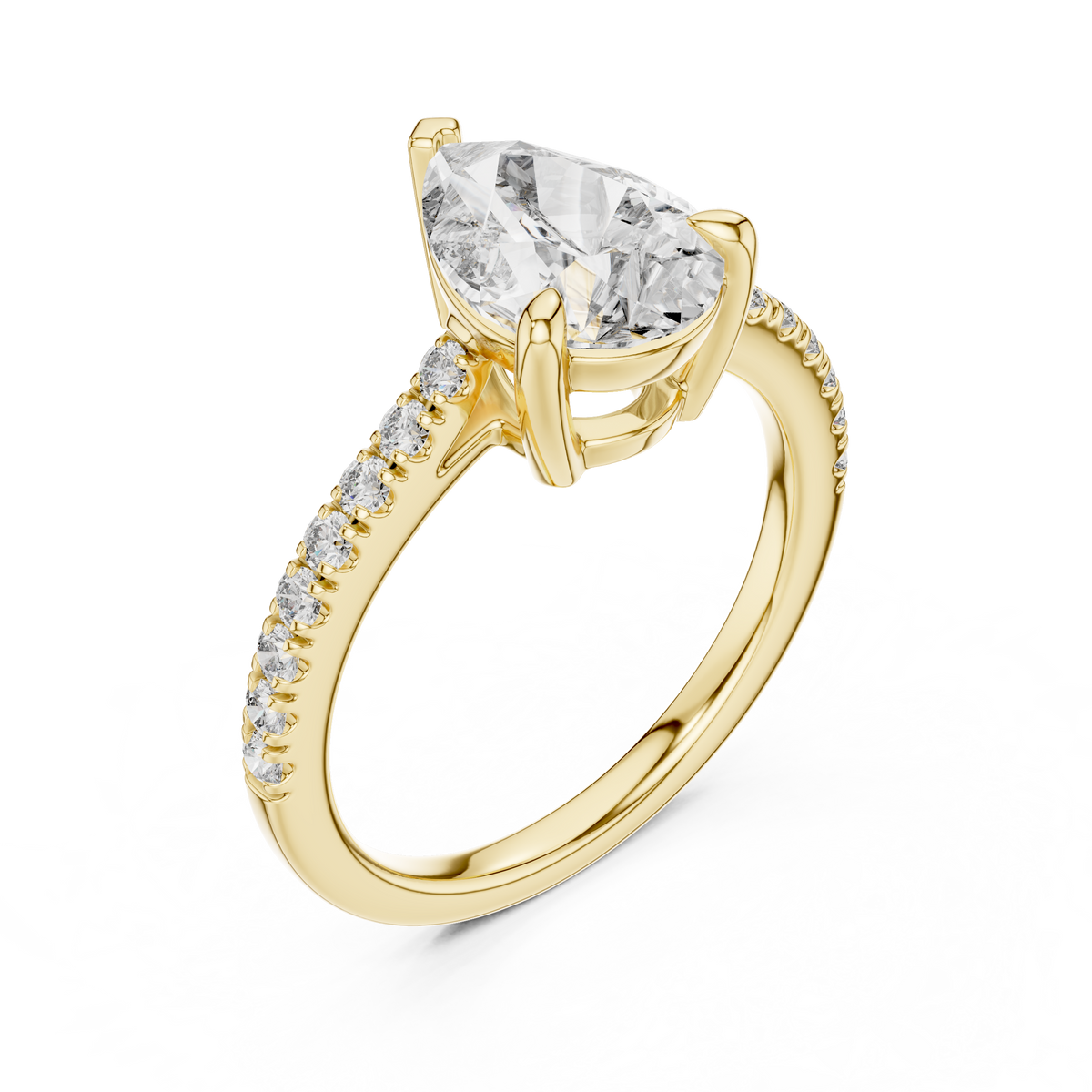 Yellow gold lab grown diamond pear cut solitaire engagement ring, angled view