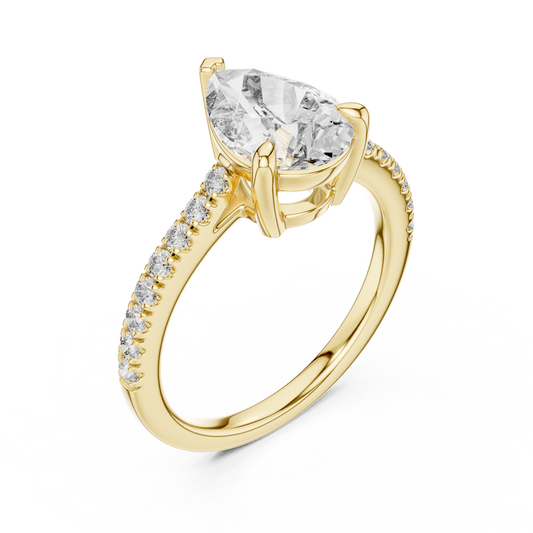 Yellow gold lab grown diamond pear cut solitaire engagement ring, angled view