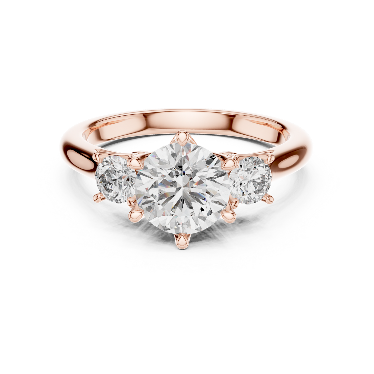 Rose gold 1.81 CTW lab grown diamond round cut three stone engagement ring, front view