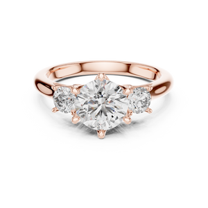 Rose gold 1.81 CTW lab grown diamond round cut three stone engagement ring, front view