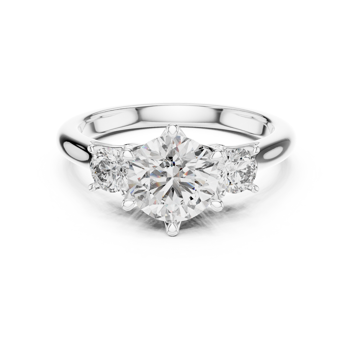 White gold 1.81 CTW lab grown diamond round cut three stone engagement ring, front view