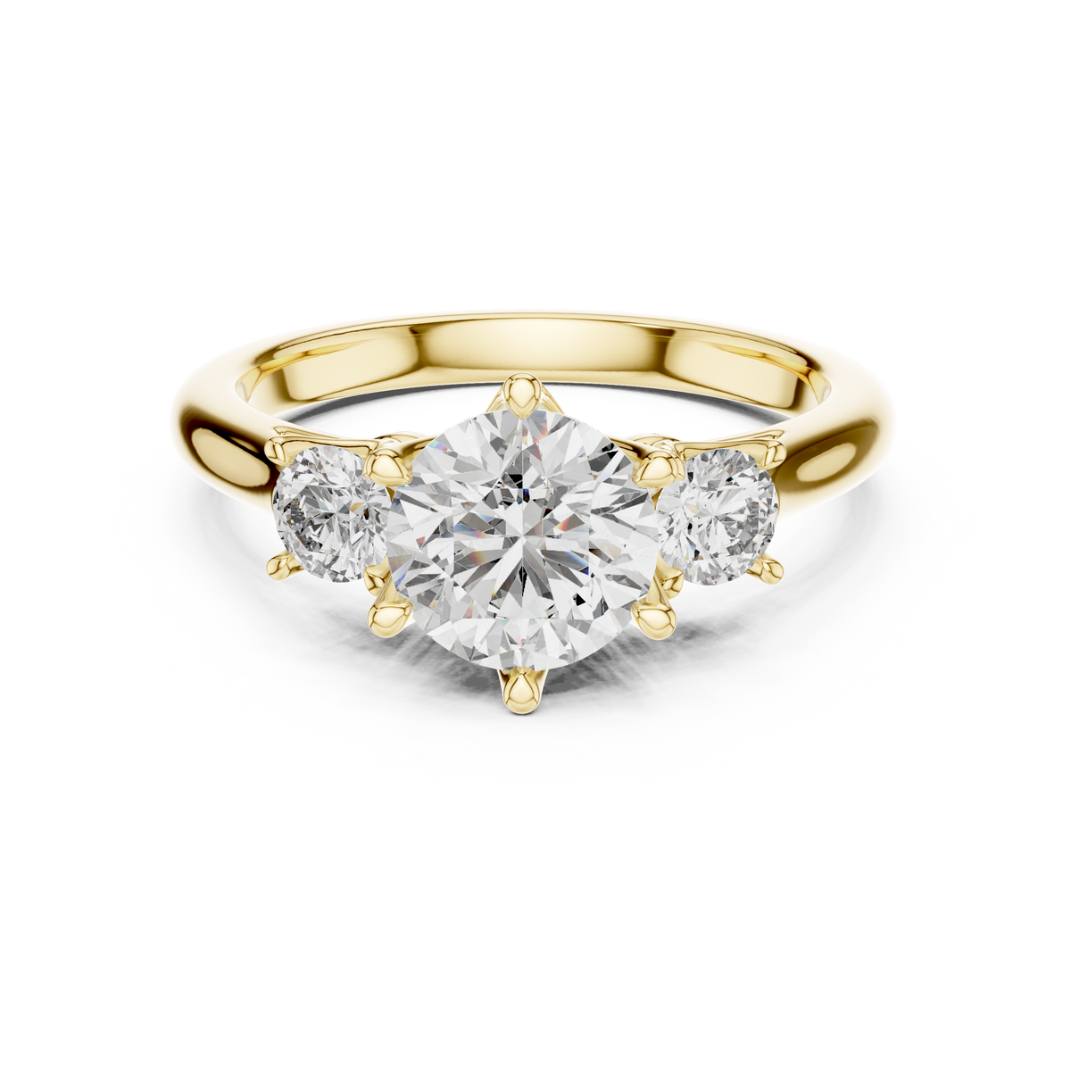 Yellow gold 1.81 CTW lab grown diamond round cut three stone engagement ring, front view