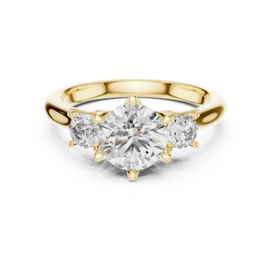 Yellow gold 1.81 CTW lab grown diamond round cut three stone engagement ring, front view