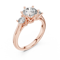 Rose gold lab grown diamond round cut three stone engagement ring, angled view