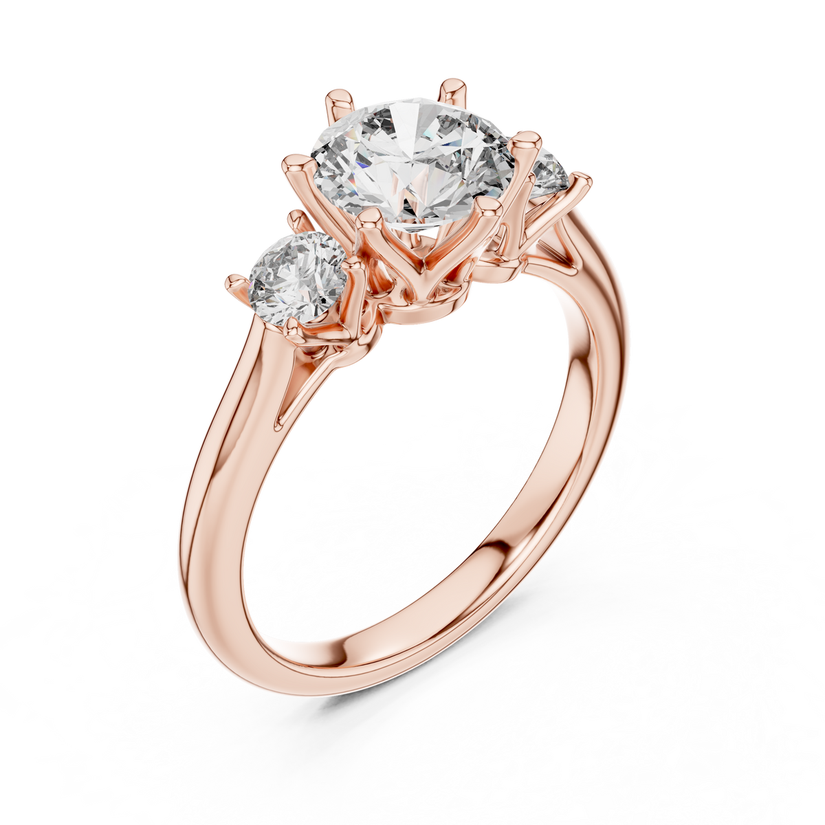 Rose gold lab grown diamond round cut three stone engagement ring, angled view