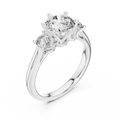White gold lab grown diamond round cut three stone engagement ring, angled view