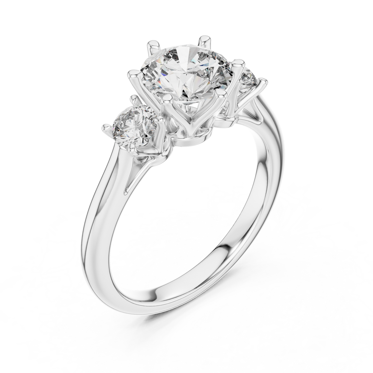 White gold lab grown diamond round cut three stone engagement ring, angled view