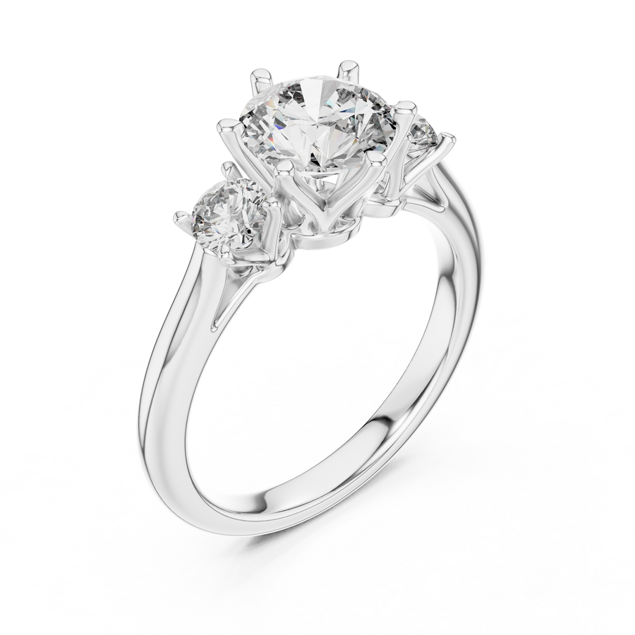 White gold lab grown diamond round cut three stone engagement ring, angled view