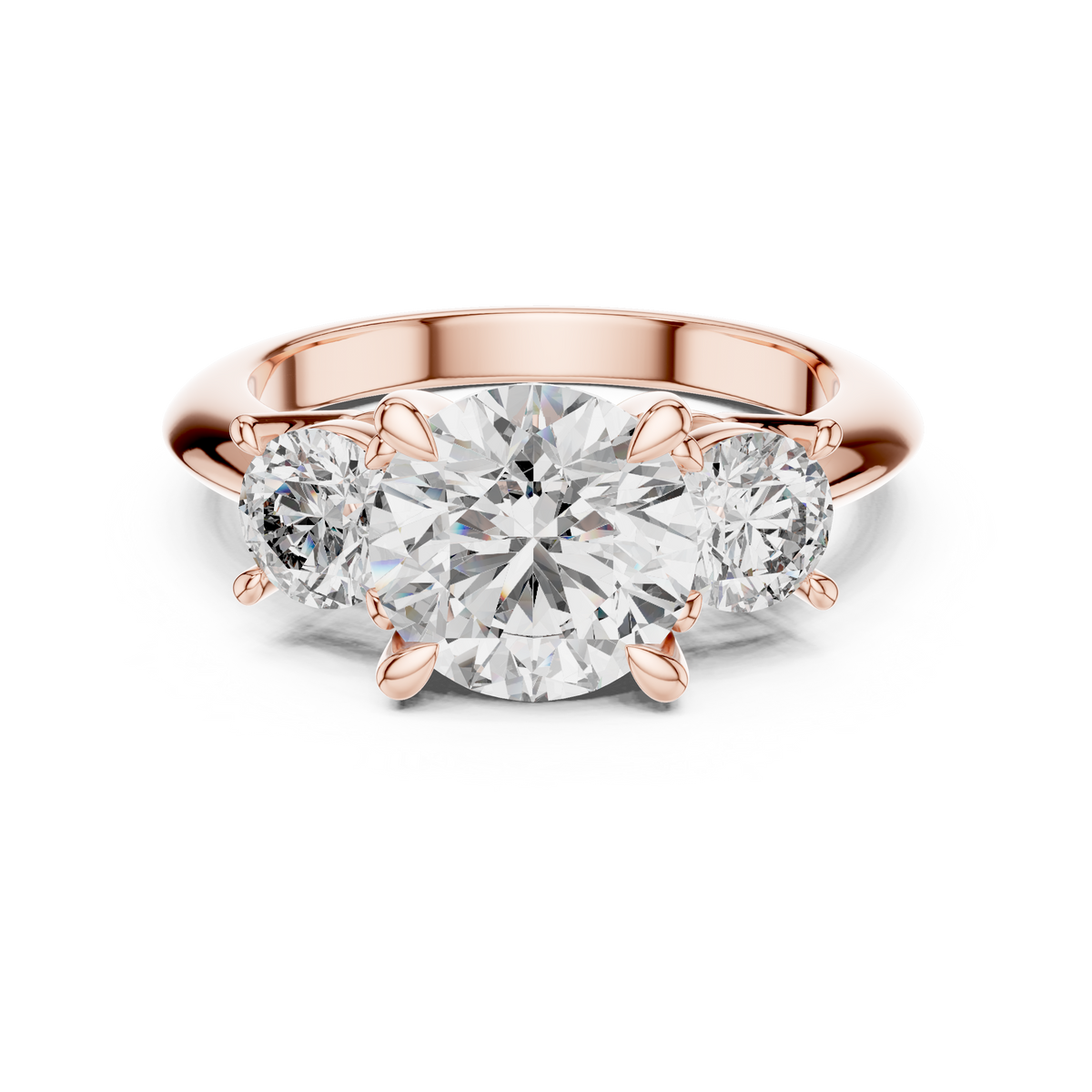 Rose gold 3.50 CTW lab grown diamond round cut three stone engagement ring, front view