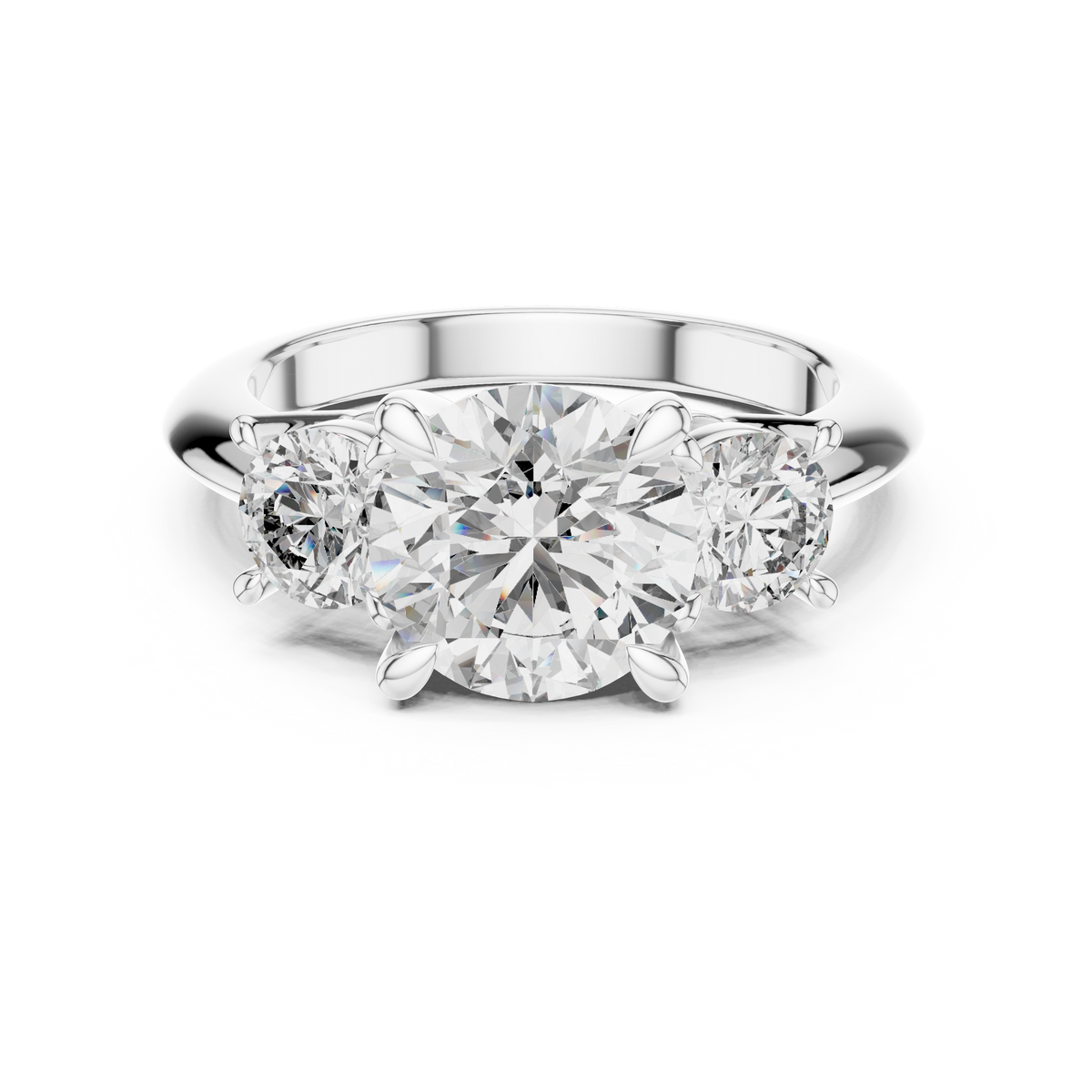 White gold 3.50 CTW lab grown diamond round cut three stone engagement ring, front view
