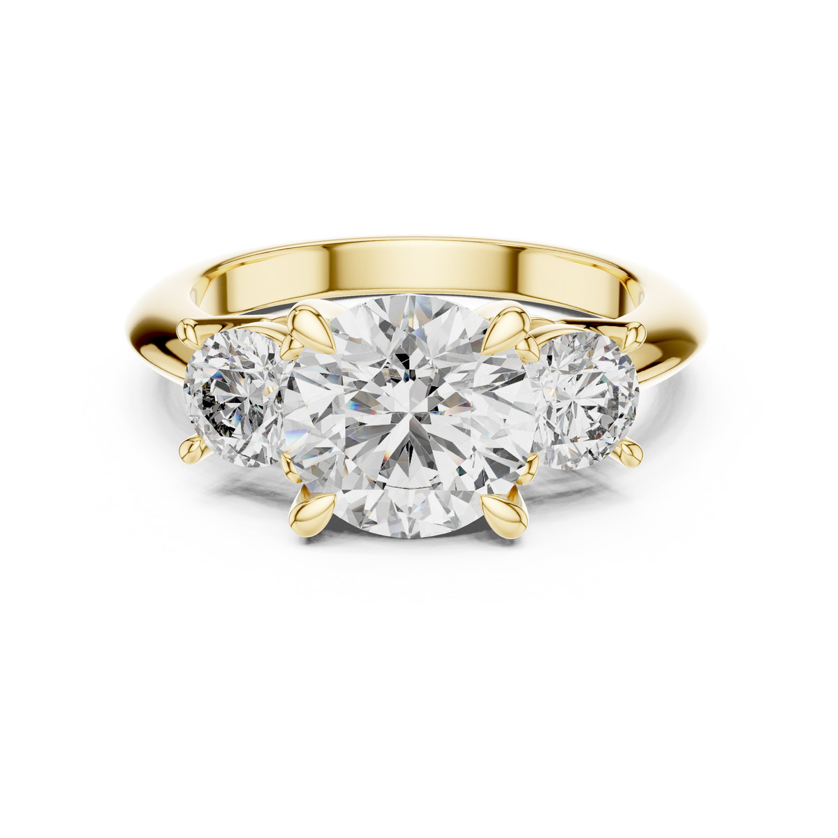Yellow gold 3.50 CTW lab grown diamond round cut three stone engagement ring, front view
