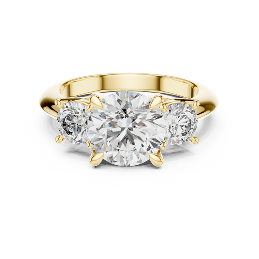 Yellow gold 3.50 CTW lab grown diamond round cut three stone engagement ring, front view