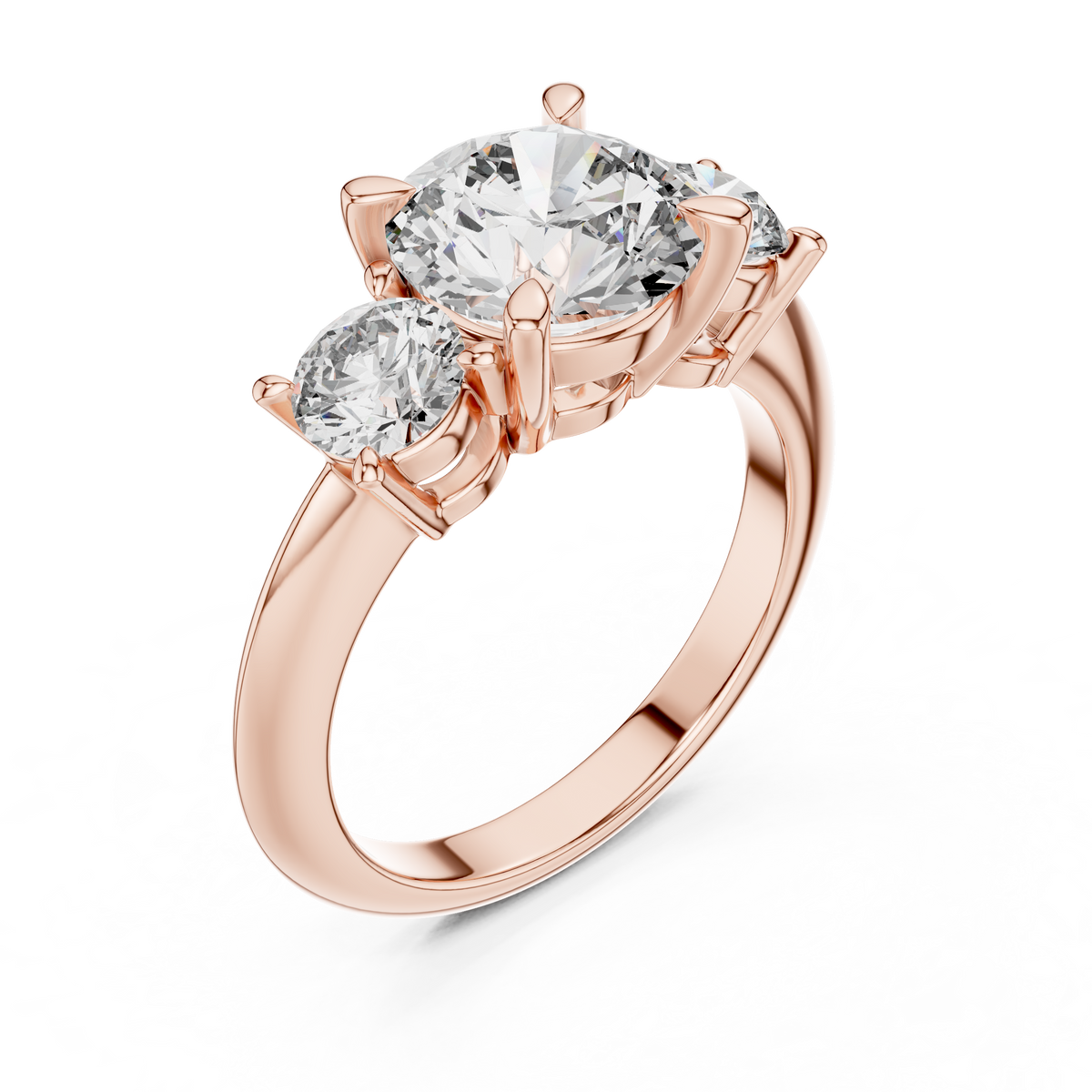 Rose gold lab grown diamond round cut three stone engagement ring, angled view