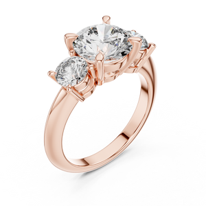 Rose gold lab grown diamond round cut three stone engagement ring, angled view