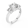 White gold lab grown diamond round cut three stone engagement ring, angled view