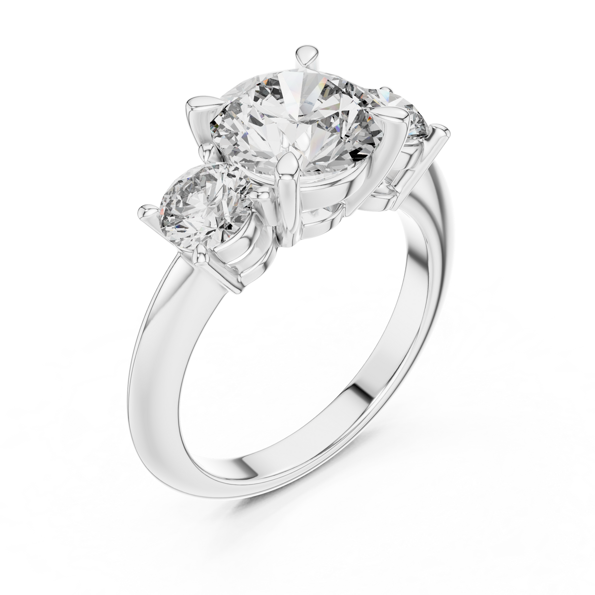 White gold lab grown diamond round cut three stone engagement ring, angled view