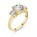 Yellow gold lab grown diamond round cut three stone engagement ring, angled view