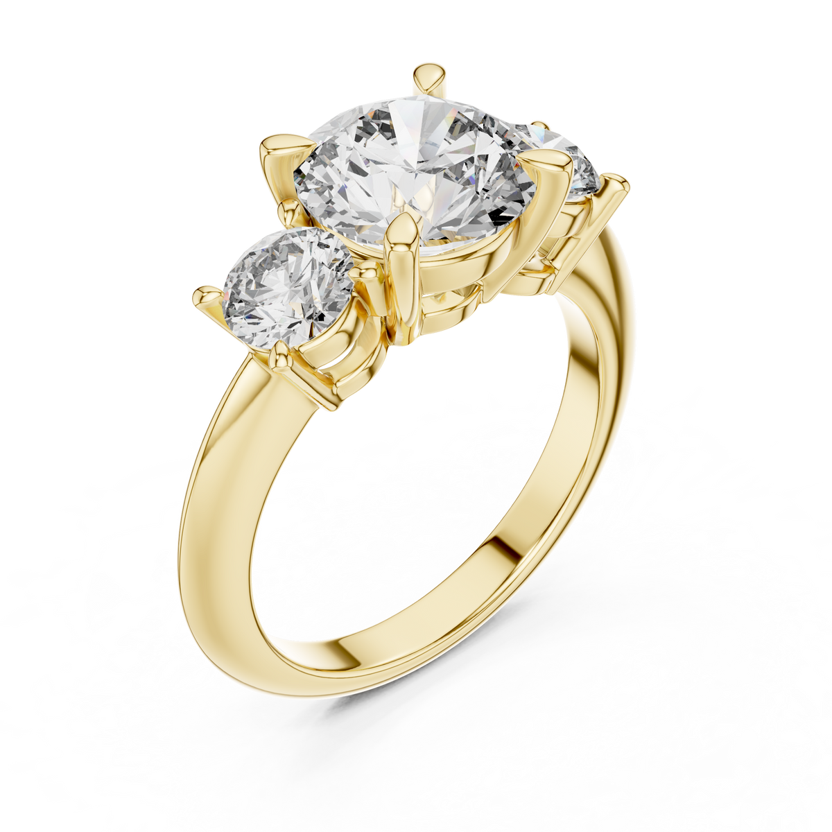 Yellow gold lab grown diamond round cut three stone engagement ring, angled view