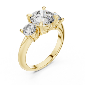 Yellow gold lab grown diamond round cut three stone engagement ring, angled view