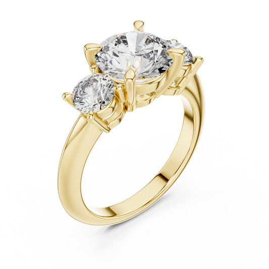 Yellow gold lab grown diamond round cut three stone engagement ring, angled view