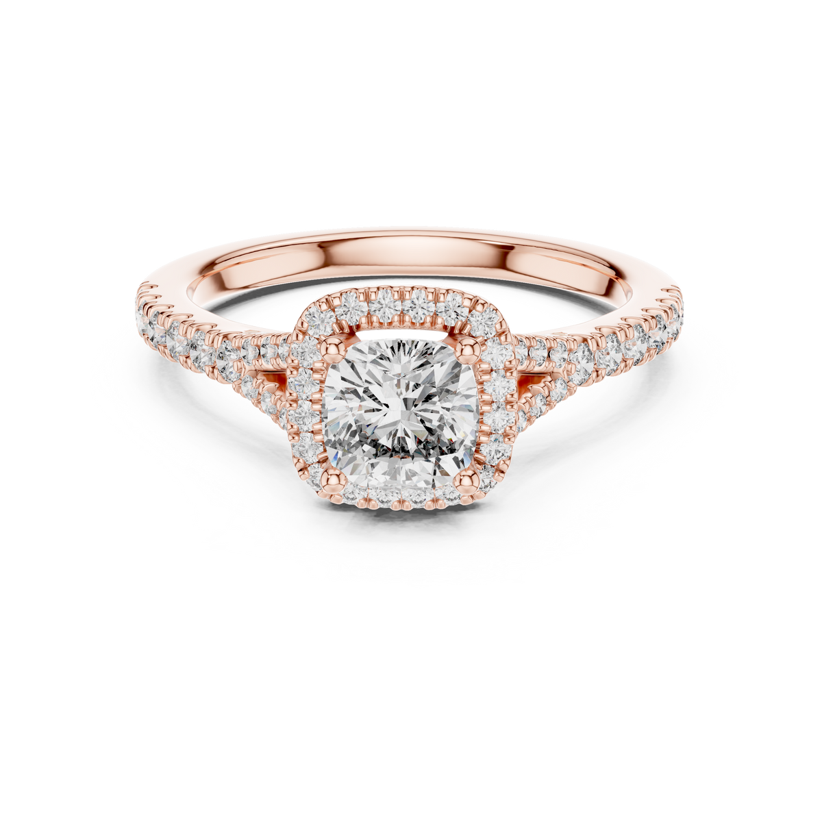 Rose gold 1.38 CTW lab grown diamond cushion cut halo engagement ring, front view