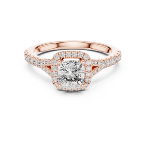 Rose gold 1.38 CTW lab grown diamond cushion cut halo engagement ring, front view