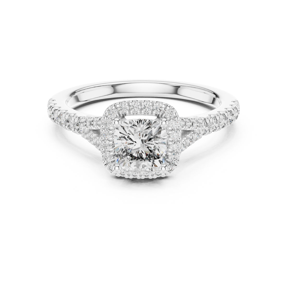 White gold 1.38 CTW lab grown diamond cushion cut halo engagement ring, front view