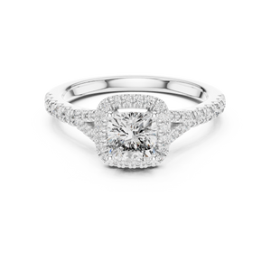 White gold 1.38 CTW lab grown diamond cushion cut halo engagement ring, front view