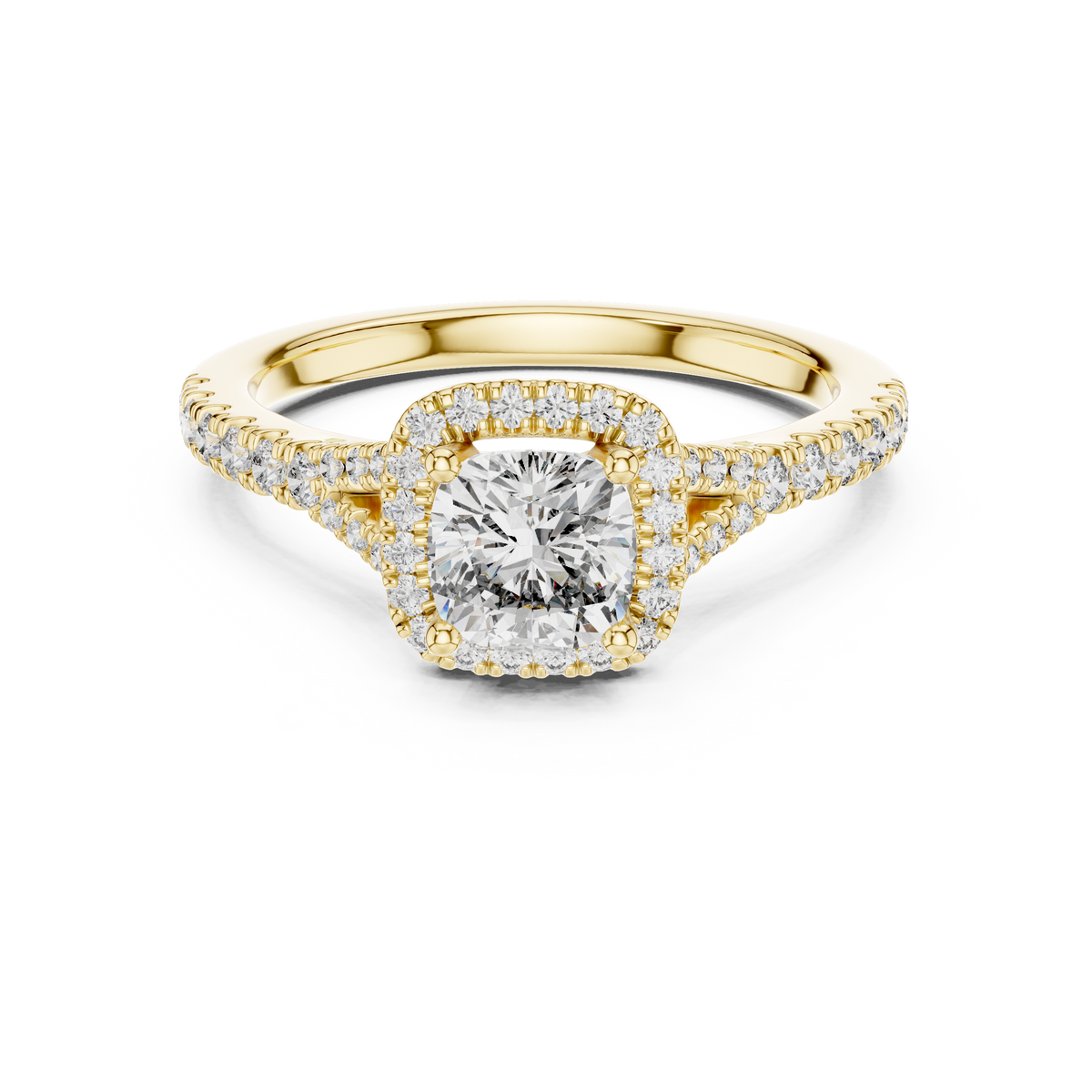 Yellow gold 1.38 CTW lab grown diamond cushion cut halo engagement ring, front view