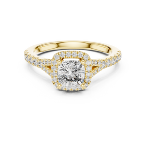 Yellow gold 1.38 CTW lab grown diamond cushion cut halo engagement ring, front view