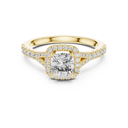 Yellow gold 1.38 CTW lab grown diamond cushion cut halo engagement ring, front view