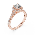Rose gold lab grown diamond cushion cut halo engagement ring, angled view