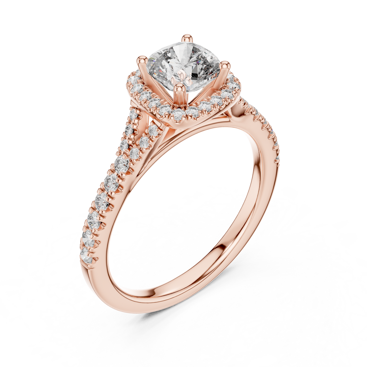 Rose gold lab grown diamond cushion cut halo engagement ring, angled view
