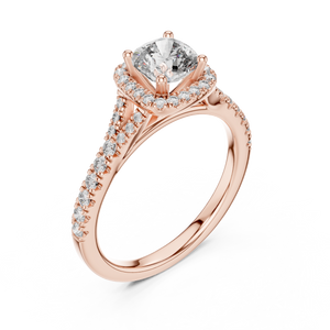 Rose gold lab grown diamond cushion cut halo engagement ring, angled view