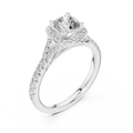 White gold lab grown diamond cushion cut halo engagement ring, angled view