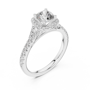 White gold lab grown diamond cushion cut halo engagement ring, angled view