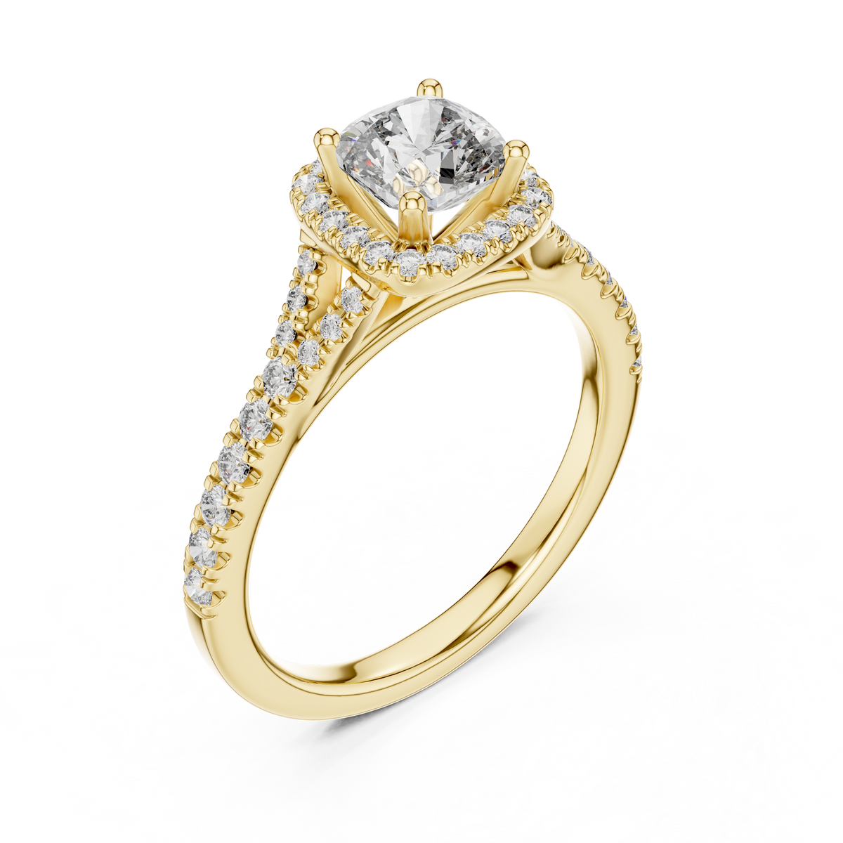 Yellow gold lab grown diamond cushion cut halo engagement ring, angled view
