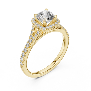 Yellow gold lab grown diamond cushion cut halo engagement ring, angled view