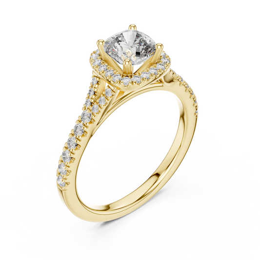 Yellow gold lab grown diamond cushion cut halo engagement ring, angled view