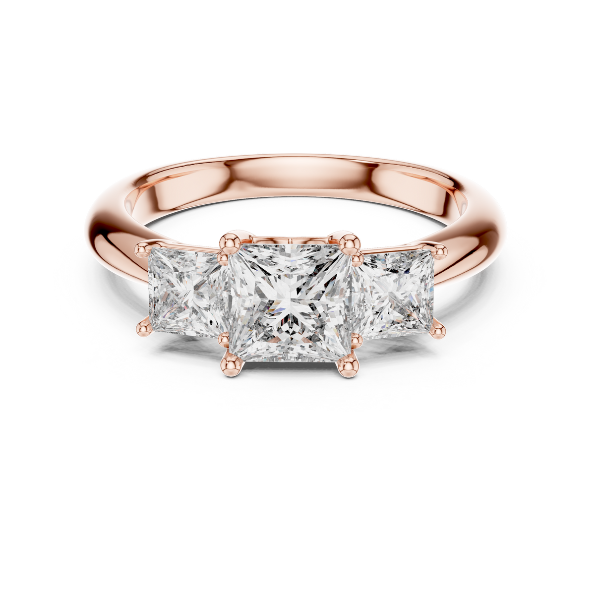 Rose gold 2.00 CTW lab grown diamond princess cut three stone engagement ring, front view