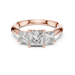 Rose gold 2.00 CTW lab grown diamond princess cut three stone engagement ring, front view