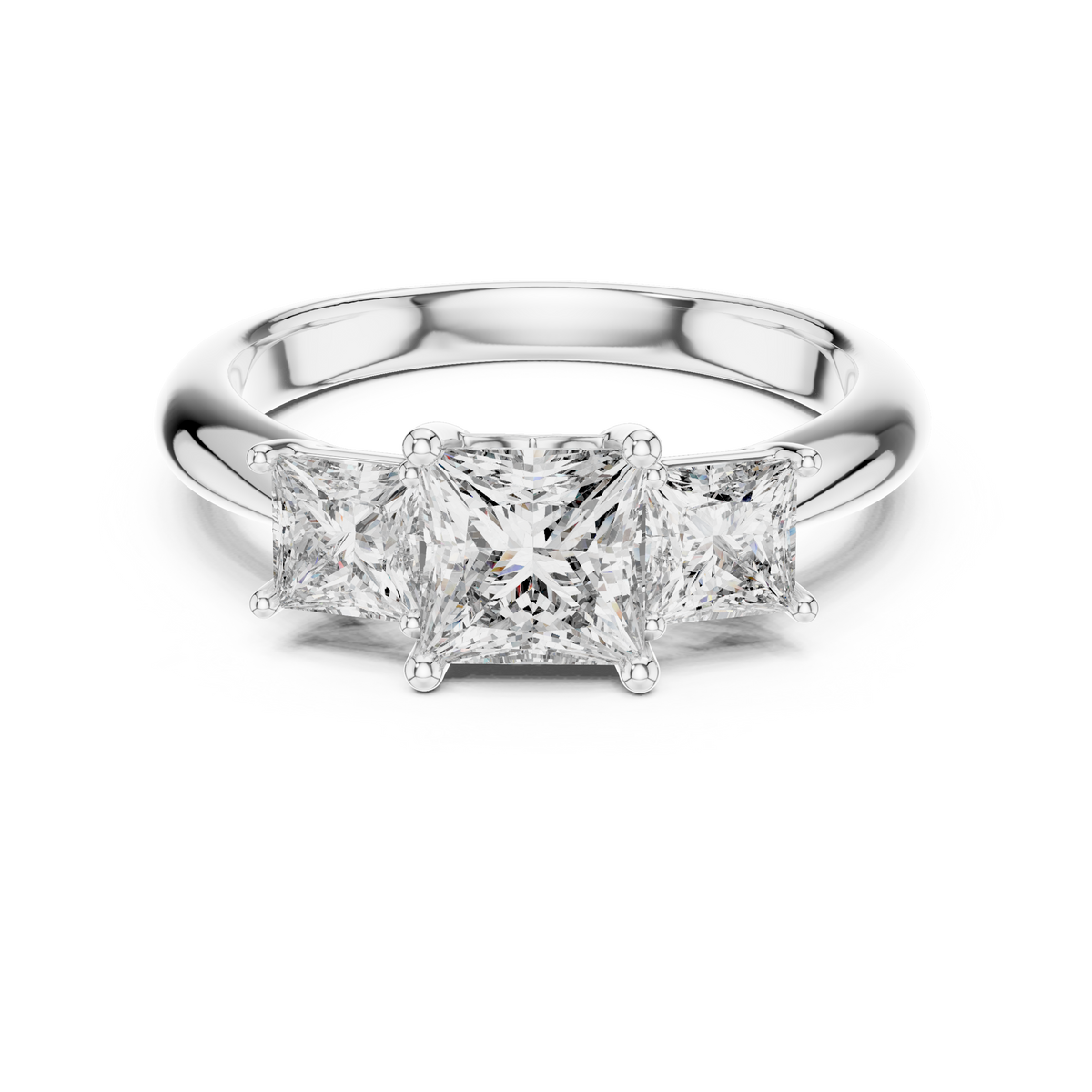 White gold 2.00 CTW lab grown diamond princess cut three stone engagement ring, front view