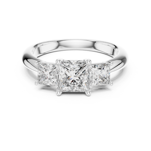 White gold 2.00 CTW lab grown diamond princess cut three stone engagement ring, front view