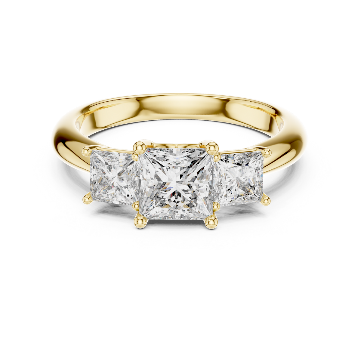 Yellow gold 2.00 CTW lab grown diamond princess cut three stone engagement ring, front view
