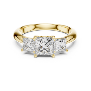 Yellow gold 2.00 CTW lab grown diamond princess cut three stone engagement ring, front view