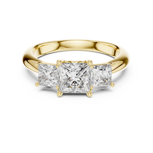 Yellow gold 2.00 CTW lab grown diamond princess cut three stone engagement ring, front view