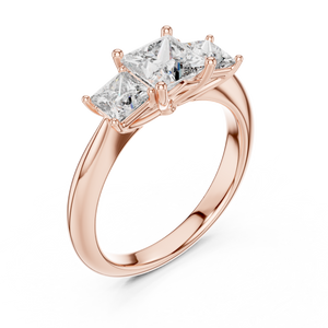 Rose gold lab grown diamond princess cut three stone engagement ring, angled view