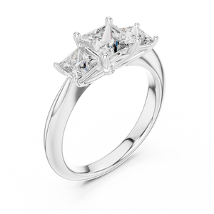White gold lab grown diamond princess cut three stone engagement ring, angled view