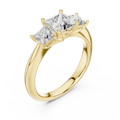 Yellow gold lab grown diamond princess cut three stone engagement ring, angled view